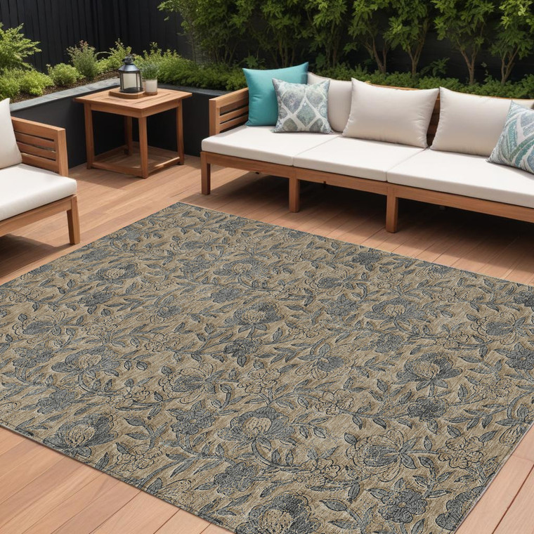 9' X 12' Khaki Beige And Gray Floral Washable Indoor Outdoor Area Rug