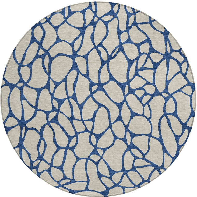 8' Beige And Blue Round Geometric Washable Indoor Outdoor Area Rug