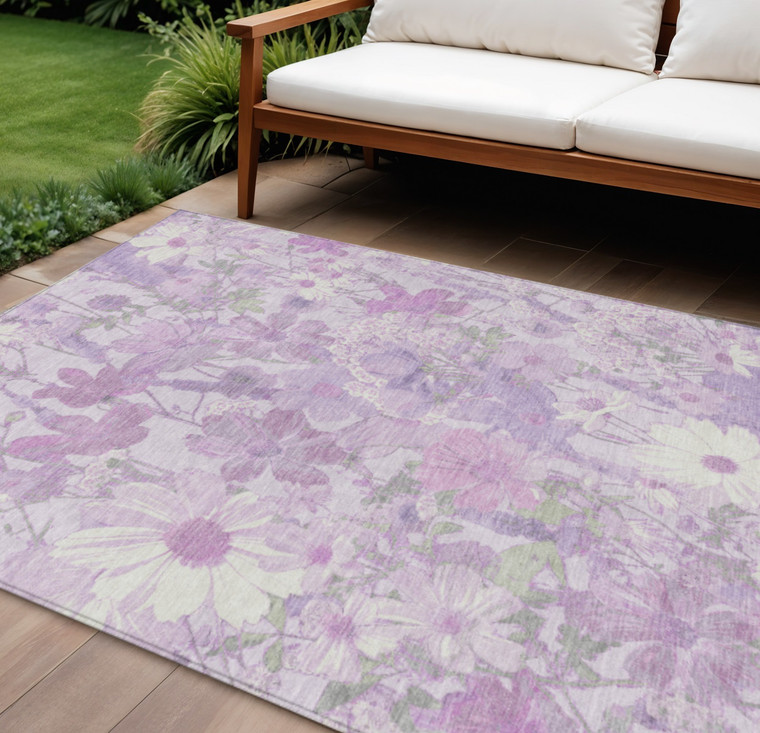 10' X 14' Lavender Purple And Lilac Floral Washable Indoor Outdoor Area Rug - Lavender, Purple, Lilac