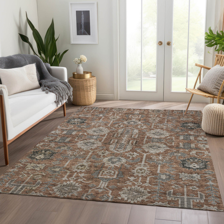 10' X 14' Brown Gray And Charcoal Oriental Washable Indoor Outdoor Area Rug - Brown, Gray, Charcoal