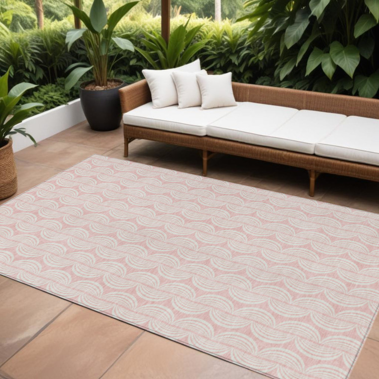 9' X 12' Pink And Gray Ogee Washable Indoor Outdoor Area Rug