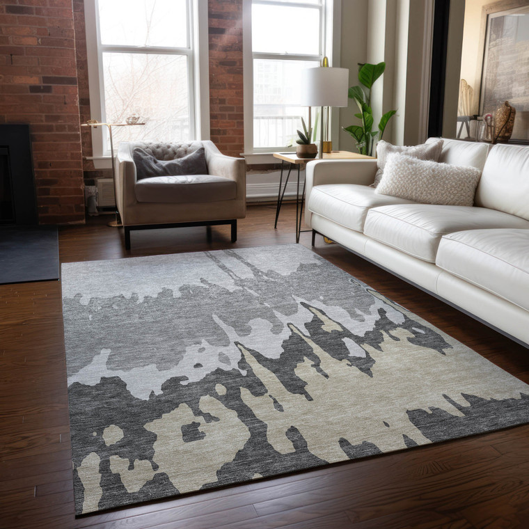 8' X 10' Gray And Silver Abstract Washable Indoor Outdoor Area Rug Transitional Style - Gray, Silver Color