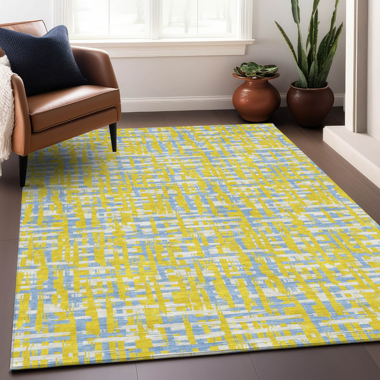 8' X 10' Yellow Denim Blue And Beige Abstract Washable Indoor Outdoor Area Rug