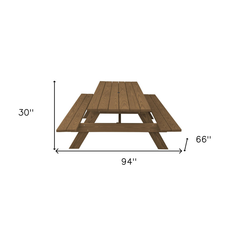 94" Brown Solid Wood Outdoor Picnic Table with Umbrella Hole Home Accent
