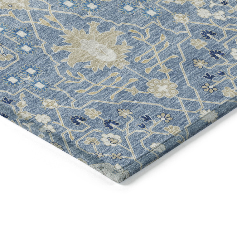 8' X 10' Denim Blue Ivory And Beige Oriental Washable Indoor Outdoor Area Rug