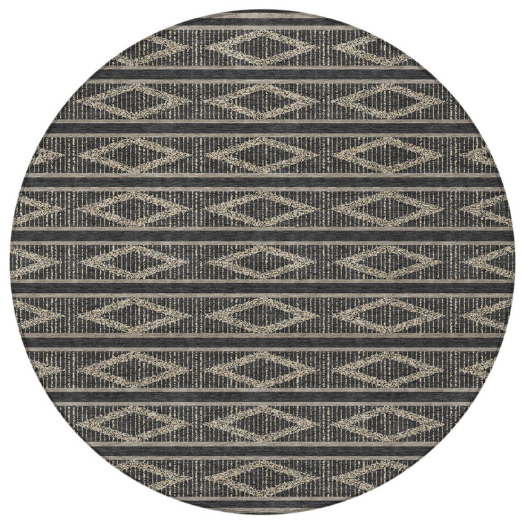 8' Black And Beige Round Geometric Washable Indoor Outdoor Area Rug - Black, Beige