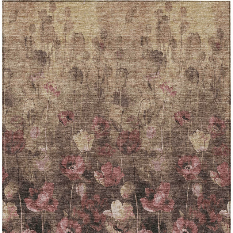 9' X 12' Taupe Brown And Pink Floral Washable Indoor Outdoor Area Rug