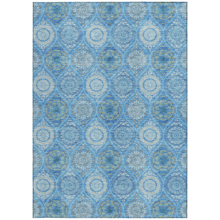 8' X 10' Denim Blue Sky Blue And Ivory Floral Medallion Washable Indoor Outdoor Area Rug