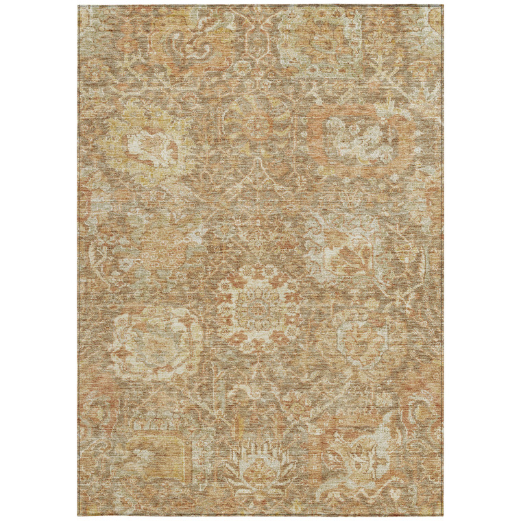 10' X 14' Khaki And Brown Damask Washable Indoor Outdoor Area Rug