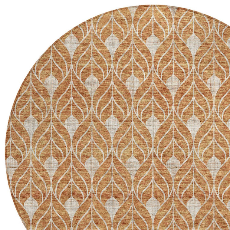 8' Copper And Beige Round Geometric Washable Indoor Outdoor Area Rug - 608219107123