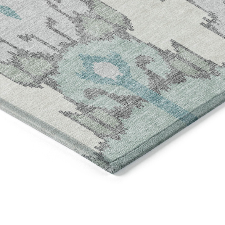 9' X 12' Mint Green Teal Blue And Ivory Ikat Washable Indoor Outdoor Area Rug