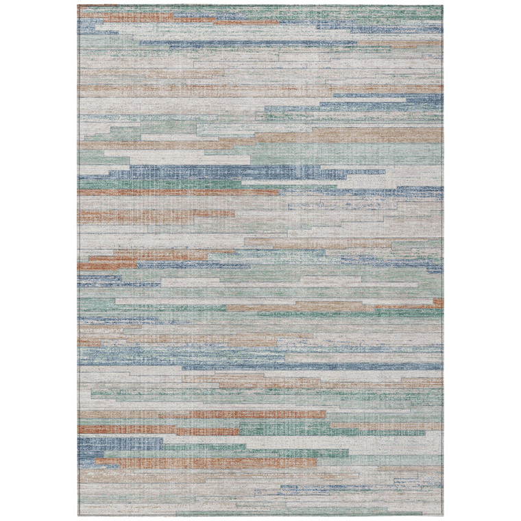 10' X 14' Linen And Pale Aqua Striped Washable Indoor Outdoor Area Rug