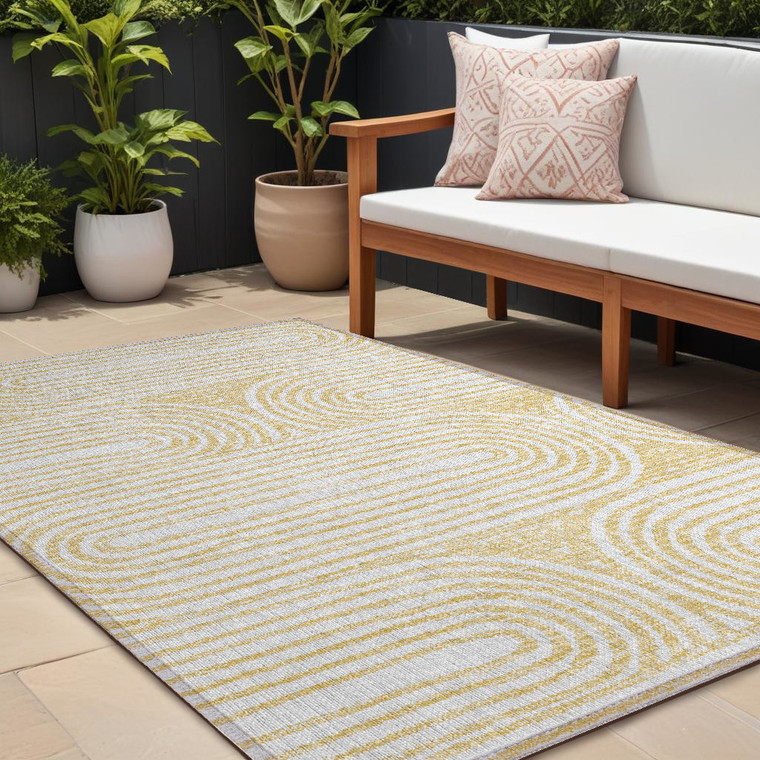 9' X 12' Gold and White Abstract Washable Non Skid Indoor Outdoor Area Rug - Gold, White