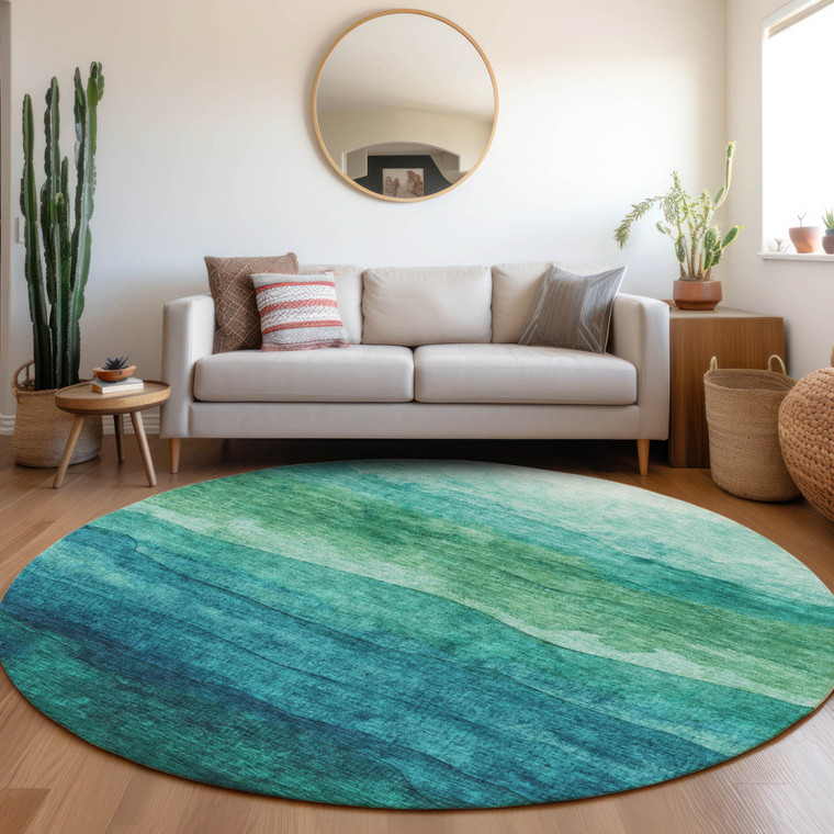 8' Teal Blue And Green Round Abstract Washable Indoor Outdoor Area Rug