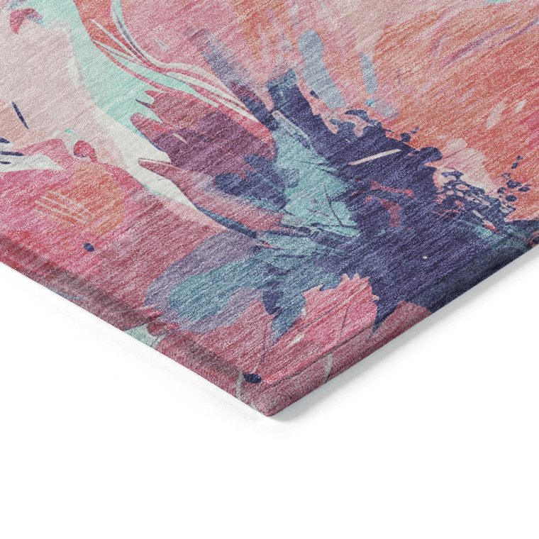 10' X 14' Pink And Sky Blue Floral Washable Indoor Outdoor Area Rug