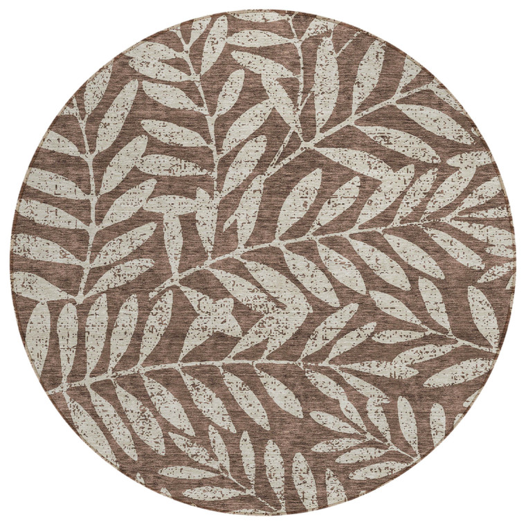 8' Brown And Beige Round Floral Washable Indoor Outdoor Area Rug