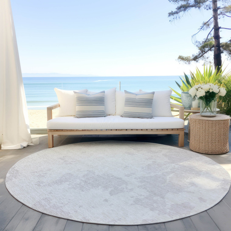 8' Ivory And Gray Round Abstract Washable Indoor Outdoor Area Rug