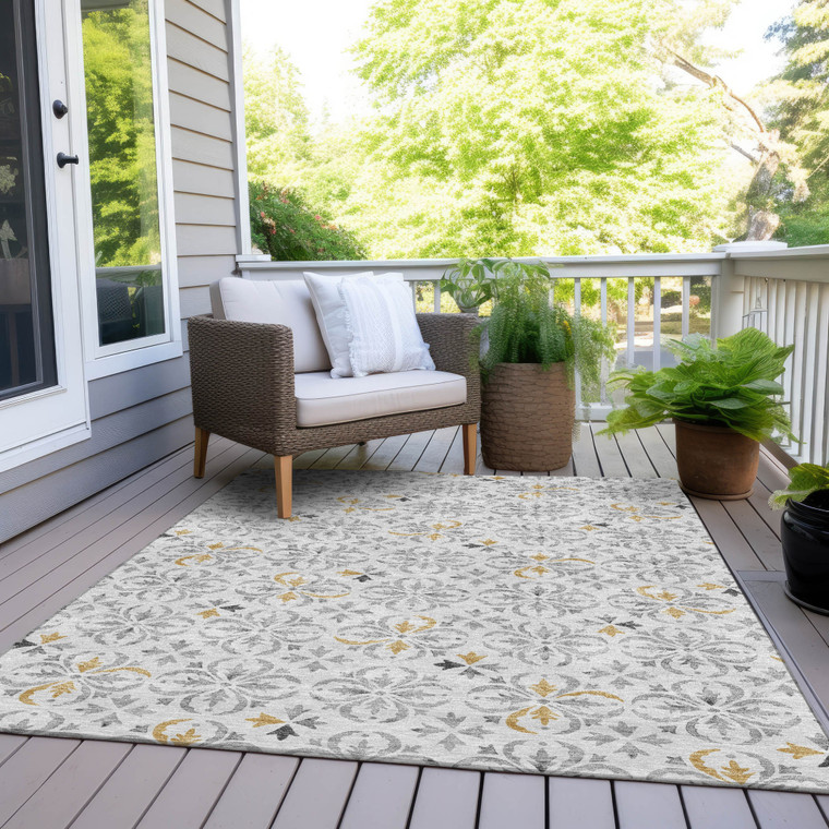 9' X 12' Silver Gray And Gold Floral Washable Indoor Outdoor Area Rug Transitional Style - Silver, Gray, Gold Color