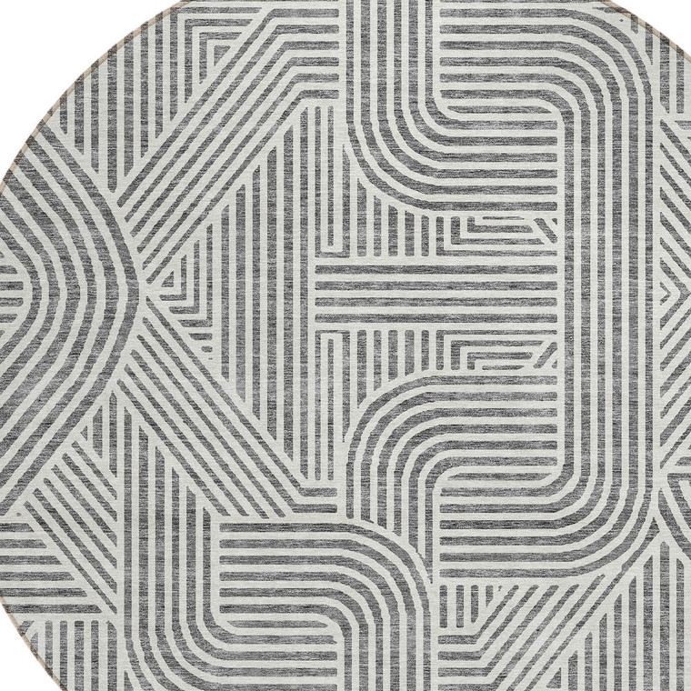 8' Gray And Ivory Round Abstract Washable Indoor Outdoor Area Rug - 608219021399