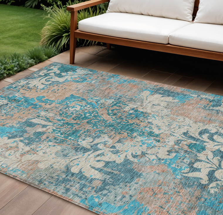 10' X 14' Teal Blue Ivory And Light Brown Damask Washable Indoor Outdoor Area Rug