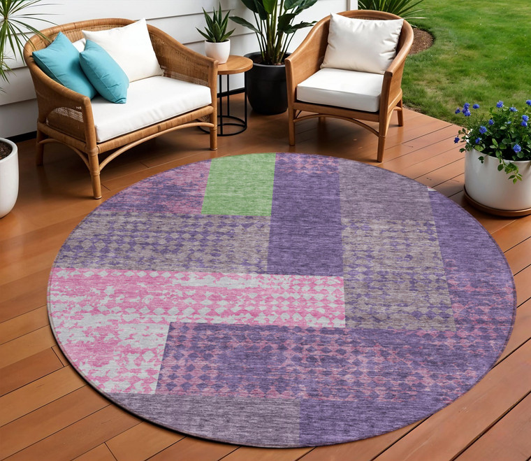8' Purple Green And Pink Round Geometric Washable Indoor Outdoor Area Rug