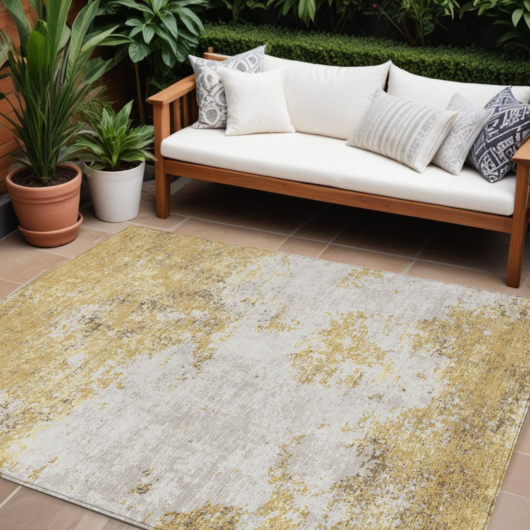 9' X 12' Gold Brown And Beige Abstract Washable Indoor Outdoor Area Rug