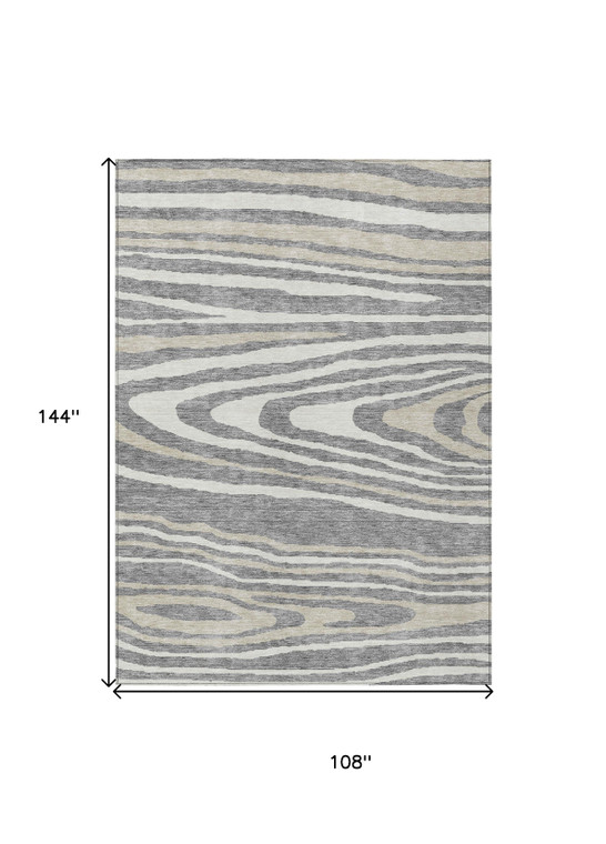 9' X 12' Gray Ivory And Beige Faux Bois Washable Indoor Outdoor Area Rug