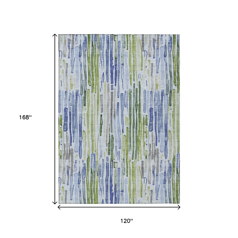 10' X 14' Sky Blue And Fern Green Striped Washable Indoor Outdoor Area Rug