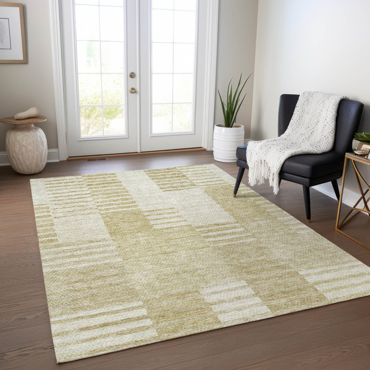 8' X 10' Beige And Ivory Striped Washable Indoor Outdoor Area Rug