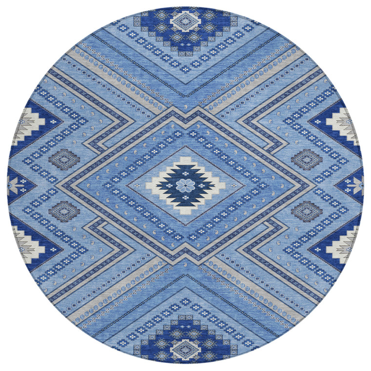 8' Blue Gray And Ivory Round Tribal Washable Indoor Outdoor Area Rug