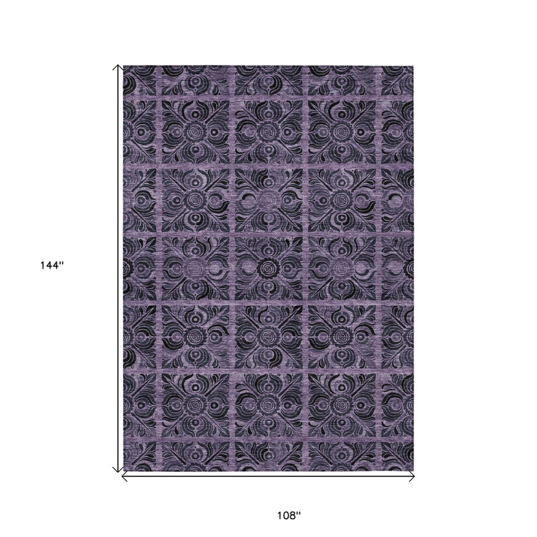 9' X 12' Purple Plum And Charcoal Medallion Washable Indoor Outdoor Area Rug