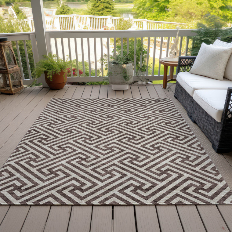 9' X 12' Brown And Beige Geometric Washable Indoor Outdoor Area Rug - Brown, Beige