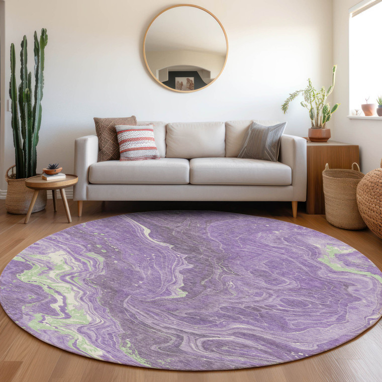 8' Purple Mint Green And Ivory Round Abstract Washable Indoor Outdoor Area Rug