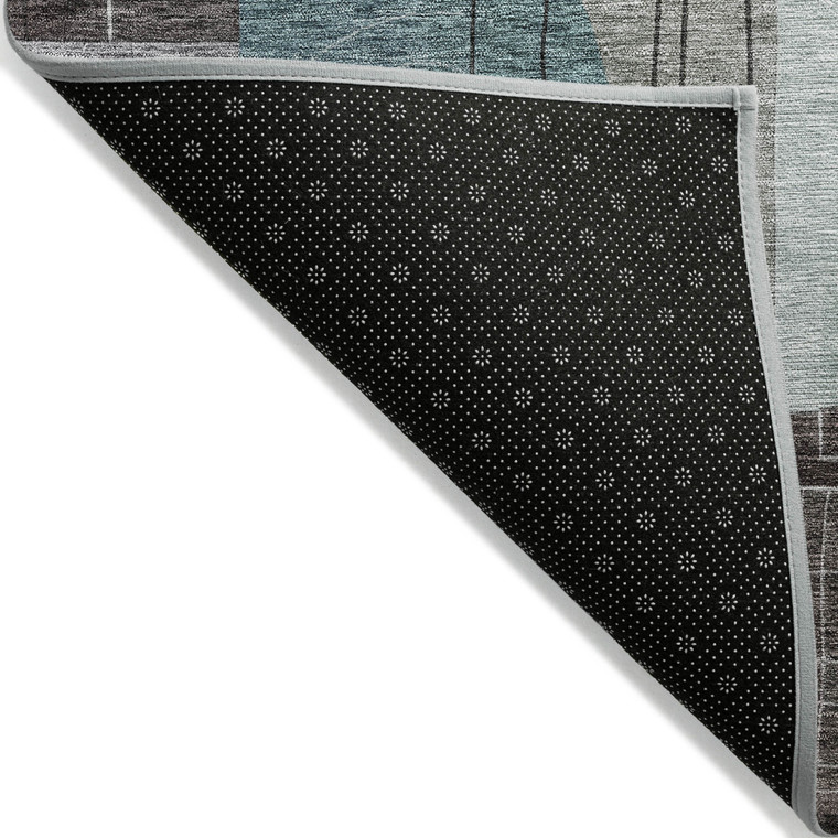 8' Teal Blue Gray And Charcoal Round Abstract Washable Indoor Outdoor Area Rug - Teal Blue, Gray, Charcoal