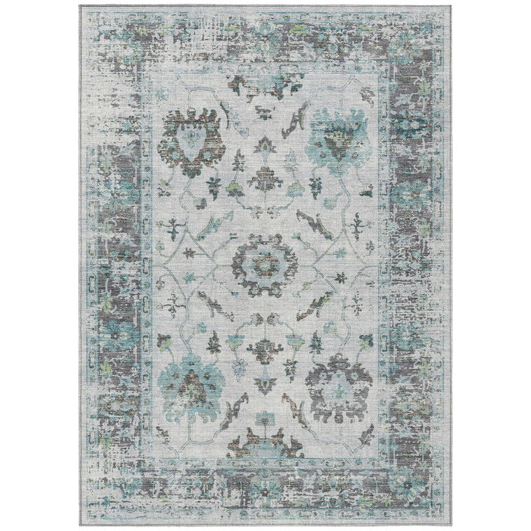 8' X 10' Teal Blue And Gray Floral Washable Indoor Outdoor Area Rug - 880016445640