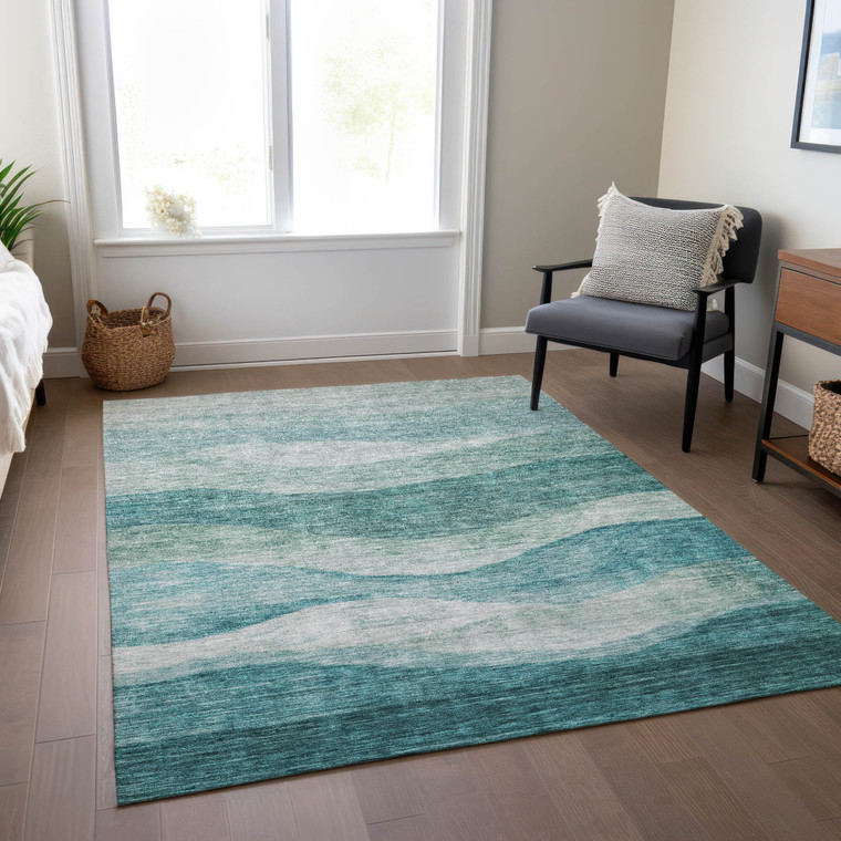 8' X 10' Teal Blue And Aqua Abstract Washable Indoor Outdoor Area Rug Transitional Style - Teal Blue, Aqua Color