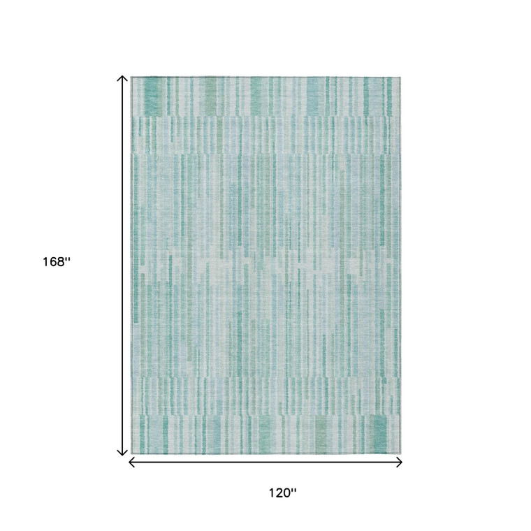 10' X 14' Turquoise And Pale Aqua Striped Washable Indoor Outdoor Area Rug