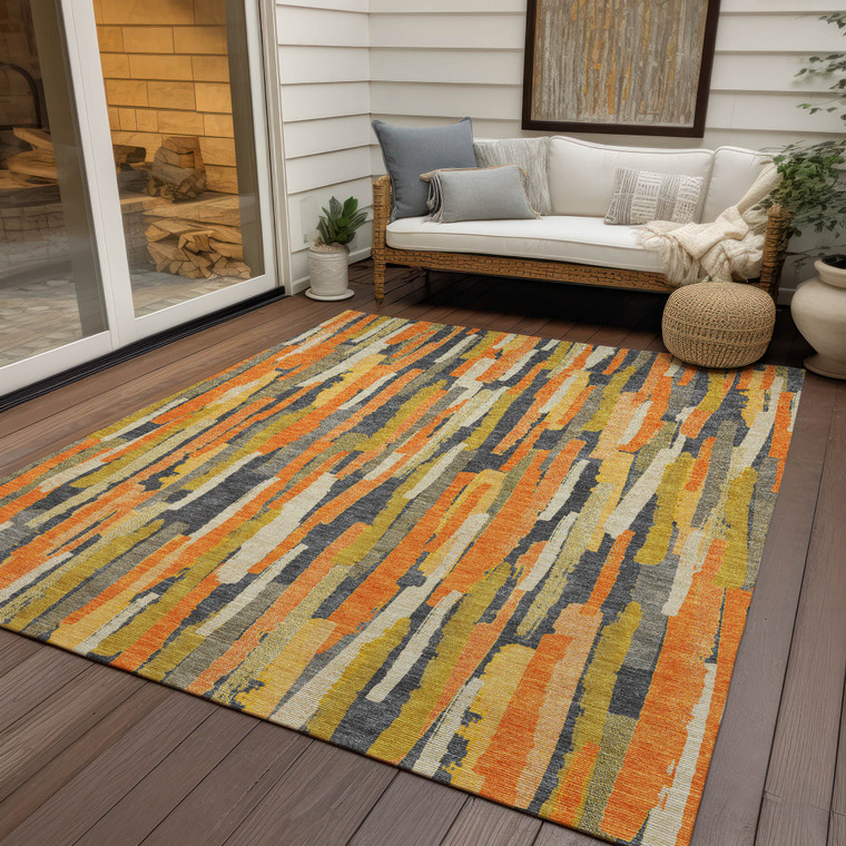 8' X 10' Orange And Beige Striped Washable Indoor Outdoor Area Rug