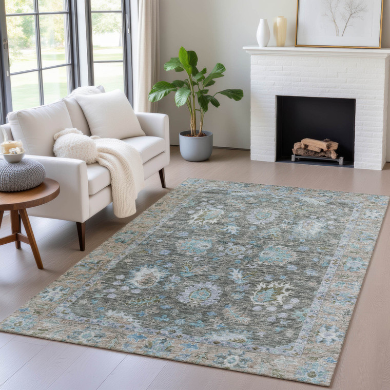 9' X 12' Fern Green And Denim Blue Floral Washable Indoor Outdoor Area Rug