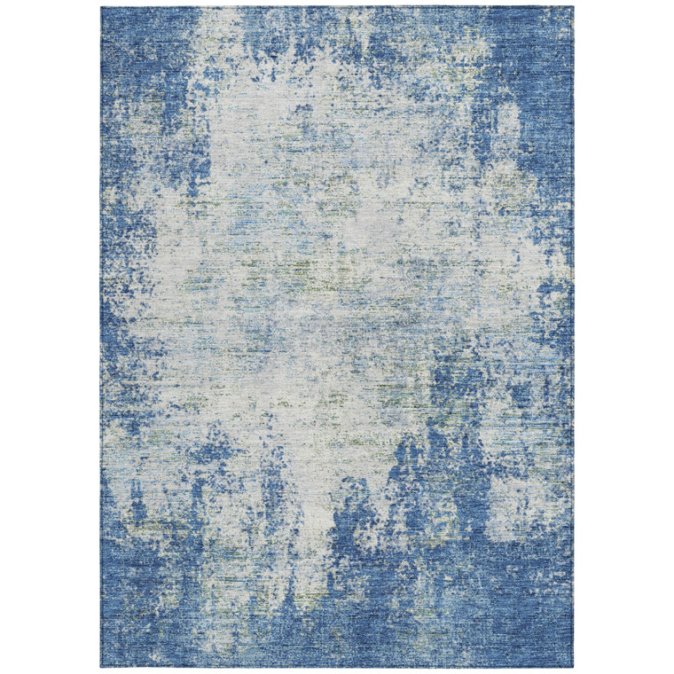 9' X 12' Denim Blue And Ivory Abstract Washable Indoor Outdoor Area Rug Transitional Style - Denim Blue, Ivory Color