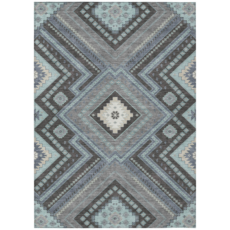 9' X 12' Pewter Charcoal And Sky Blue Tribal Washable Indoor Outdoor Area Rug