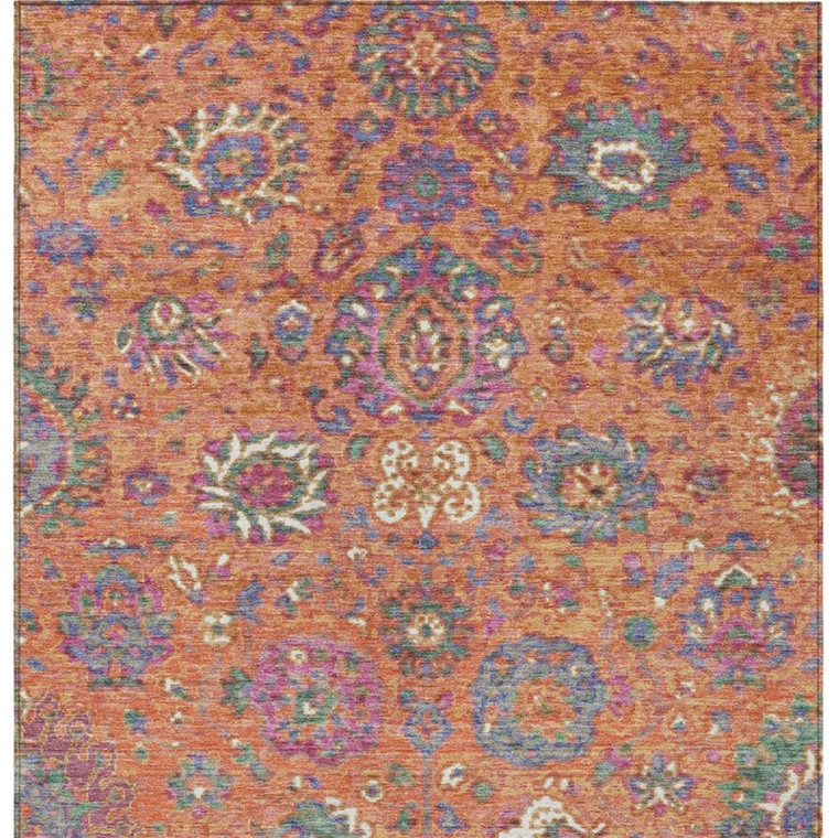 10' X 14' Orange Blue And Pink Floral Washable Indoor Outdoor Area Rug