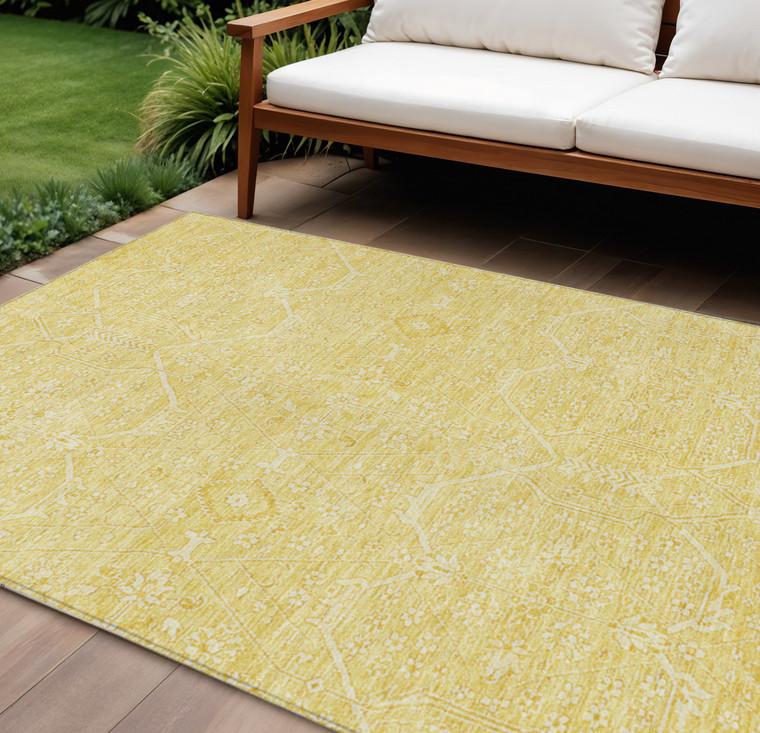 9' X 12' Gold Floral Washable Indoor Outdoor Area Rug