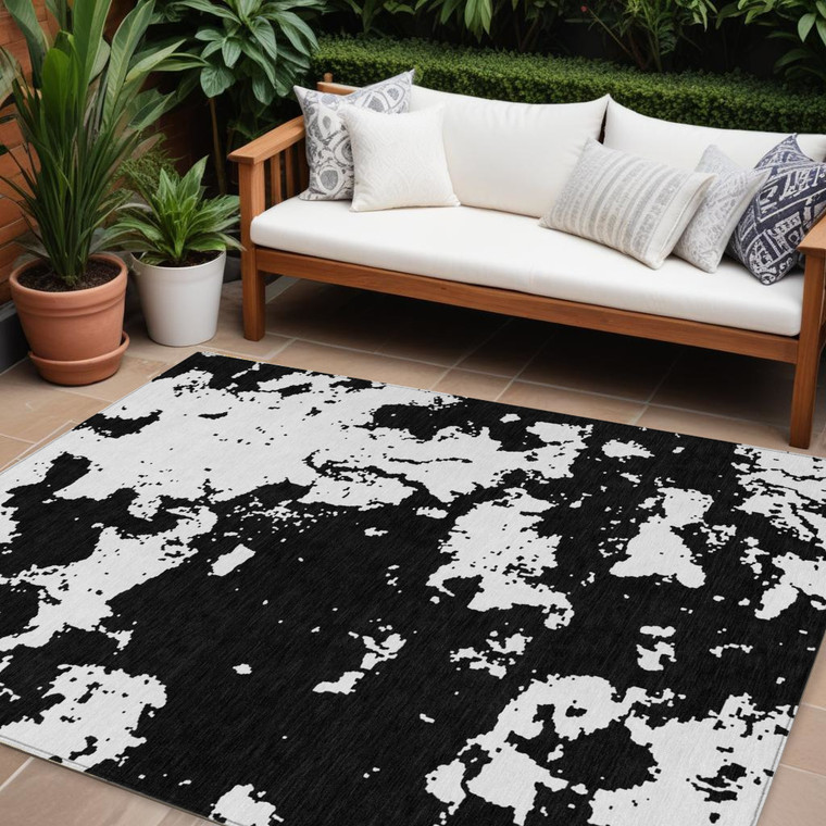 10' X 14' Black And Ivory Abstract Washable Indoor Outdoor Area Rug Transitional Style - Black, Ivory Color