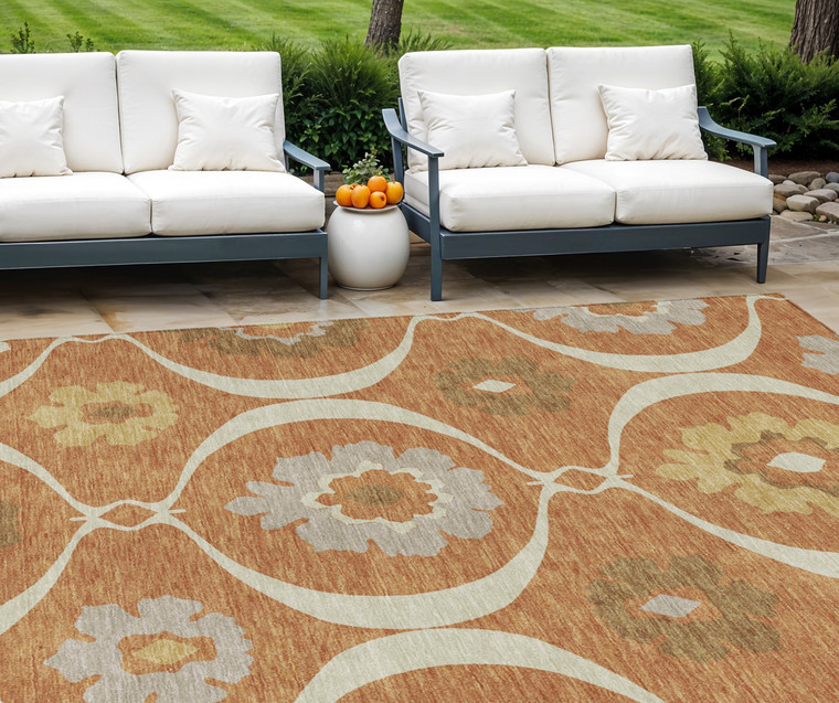 10' X 14' Orange Copper And Gray Medallion Washable Indoor Outdoor Area Rug