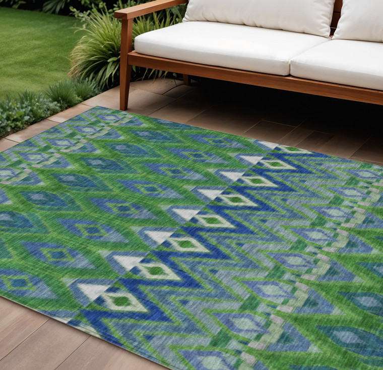 9' X 12' Green And Blue Southwestern Washable Indoor Outdoor Area Rug