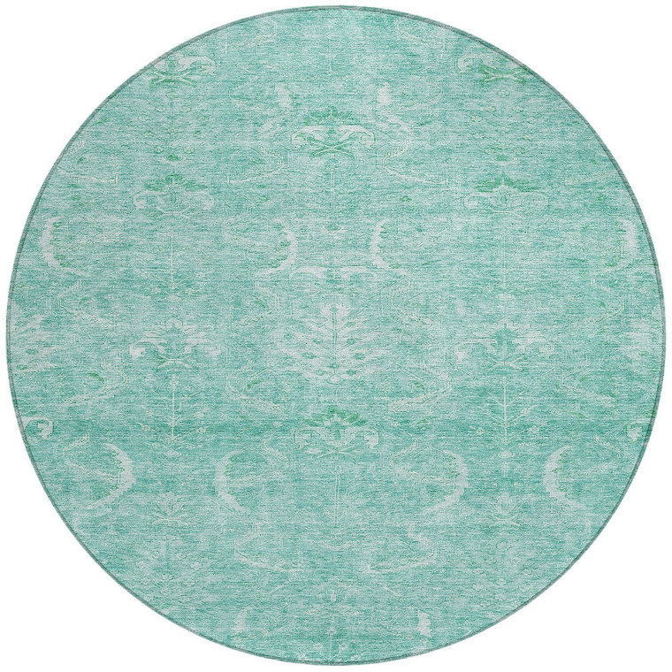 8' Aqua And Ivory Round Damask Washable Indoor Outdoor Area Rug