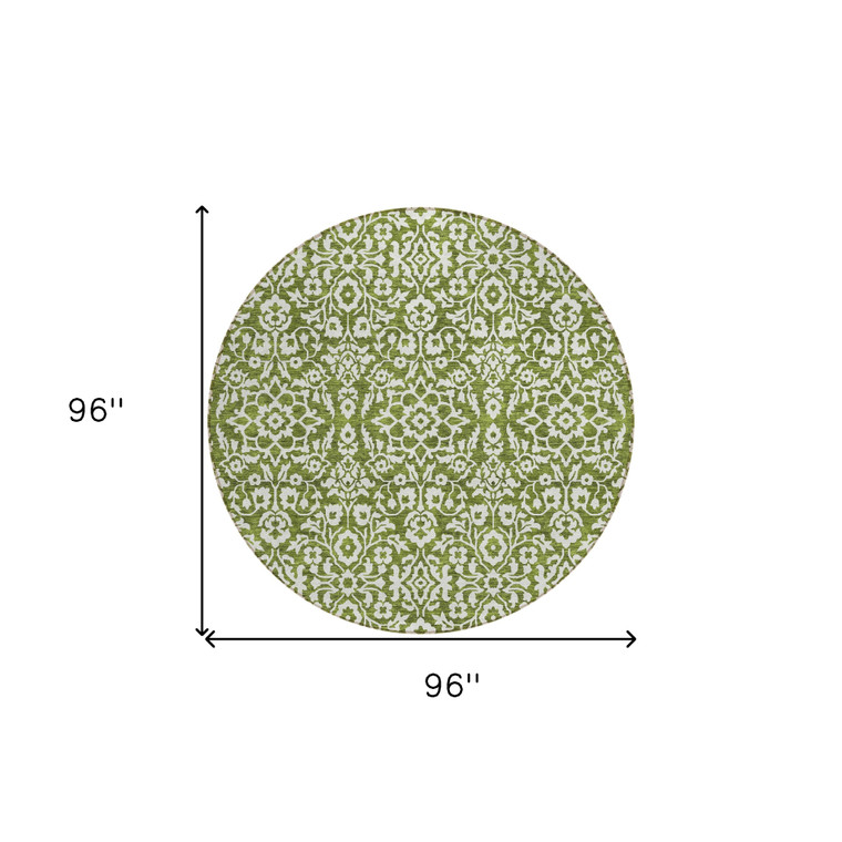 8' Olive Green And Ivory Round Damask Washable Indoor Outdoor Area Rug