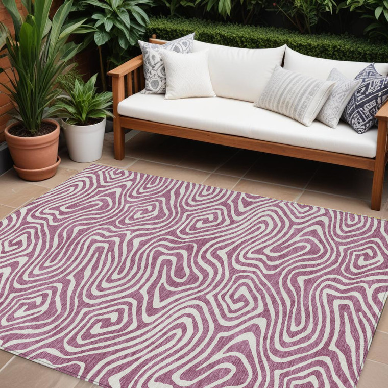 9' X 12' Plum And Ivory Abstract Washable Indoor Outdoor Area Rug