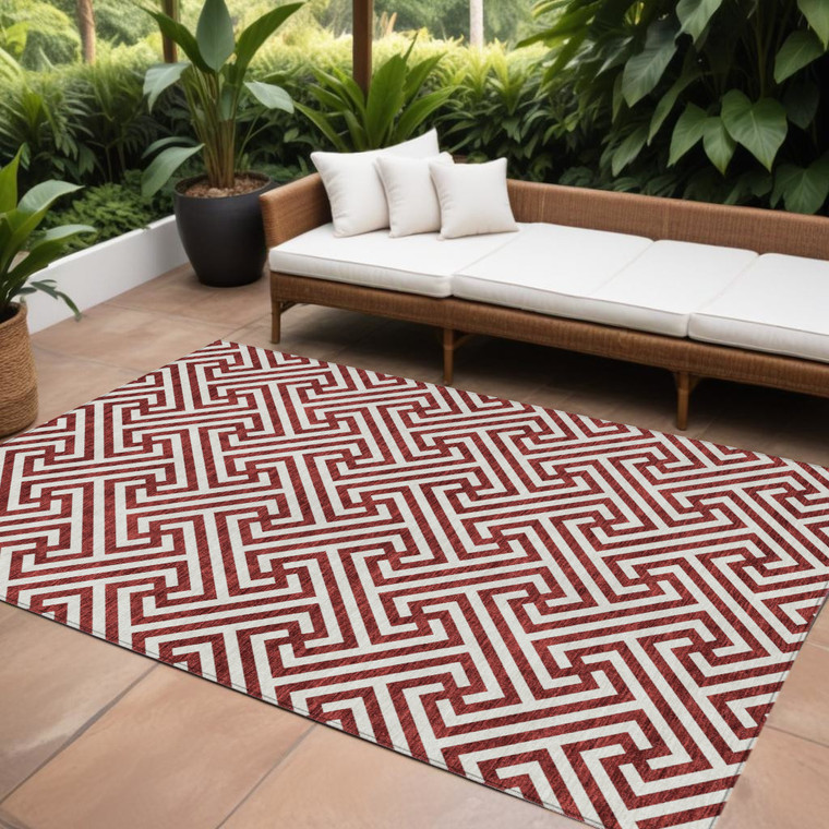 10' X 14' Merlot And Ivory Geometric Washable Indoor Outdoor Area Rug